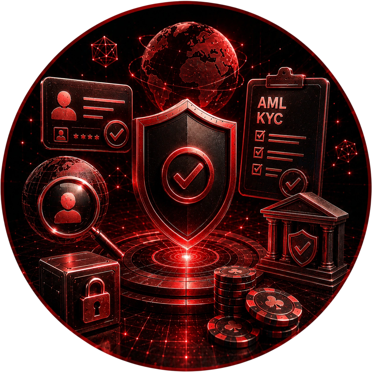 CoinPoker AML KYC shield with verification and bank icons