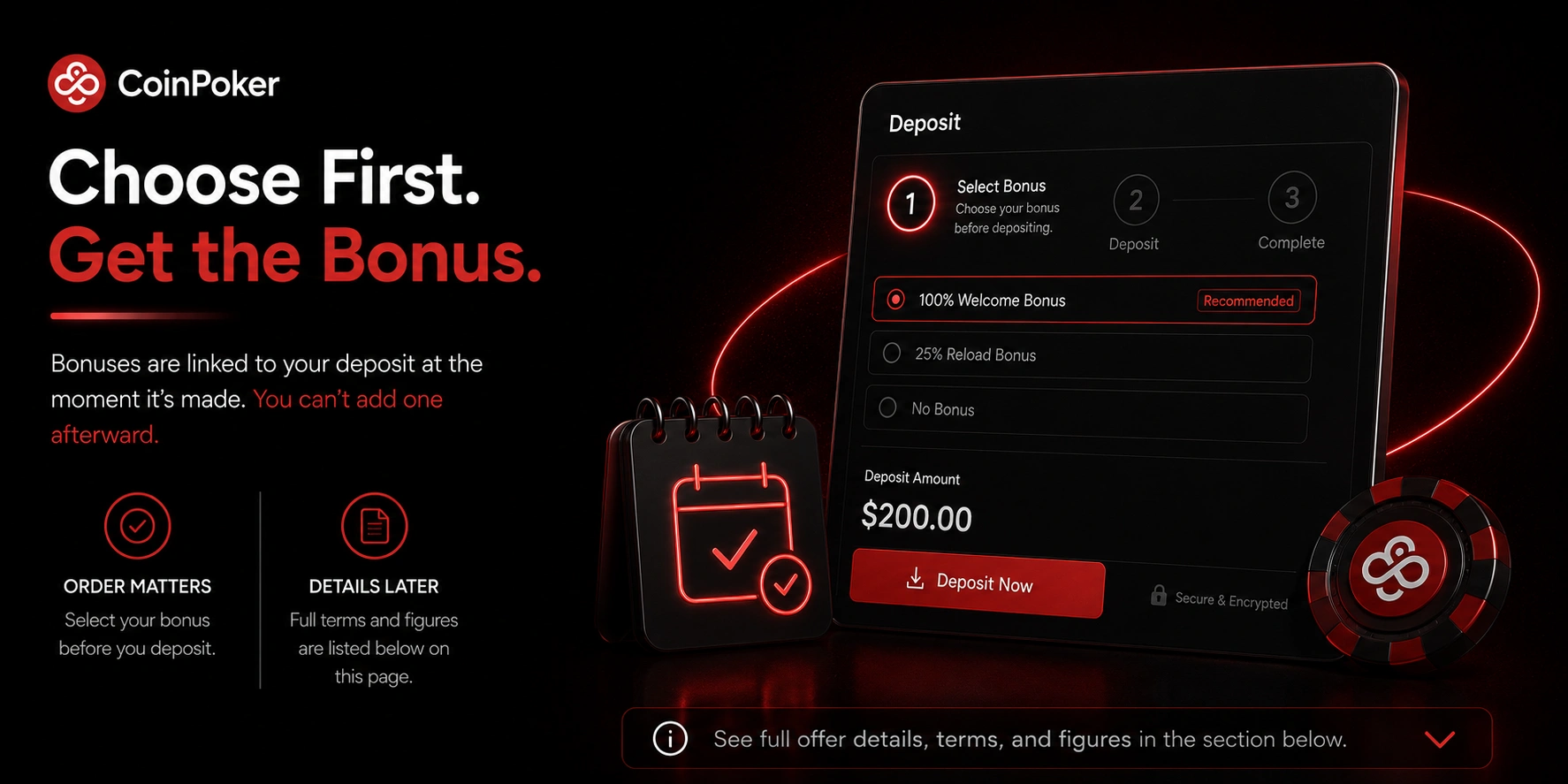 CoinPoker deposit screen showing bonus selection before payment