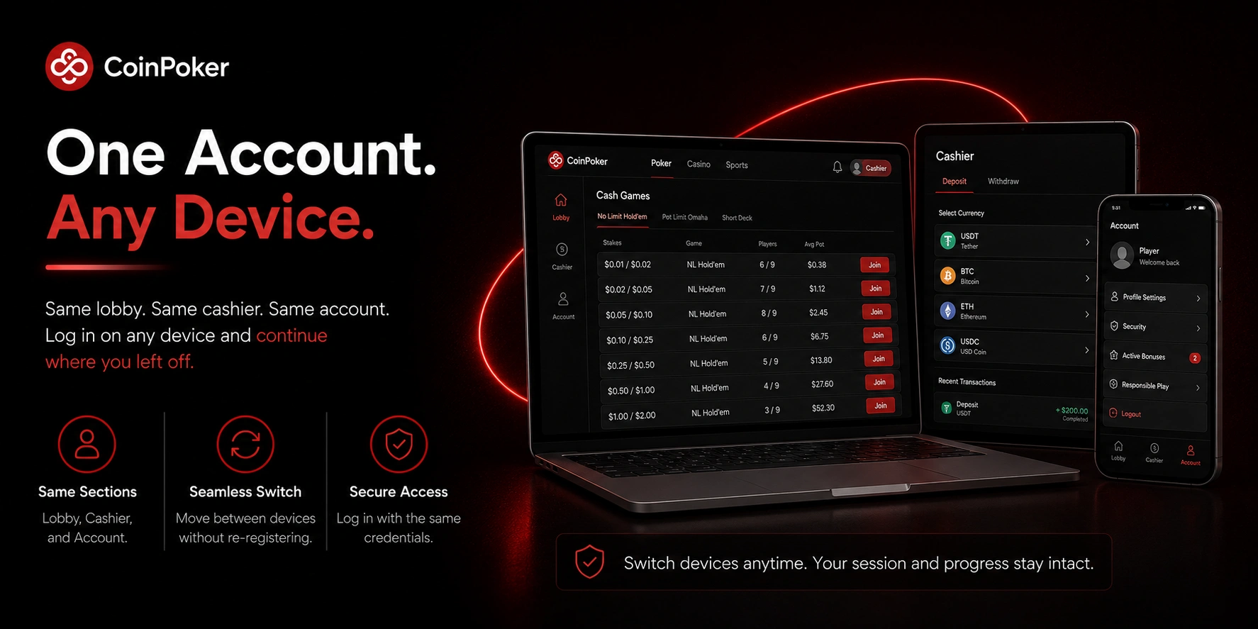 CoinPoker one account view across laptop, tablet and phone