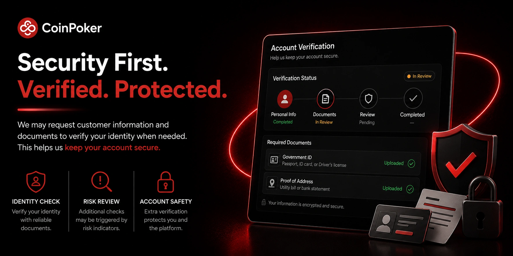 CoinPoker account verification screen with document upload steps