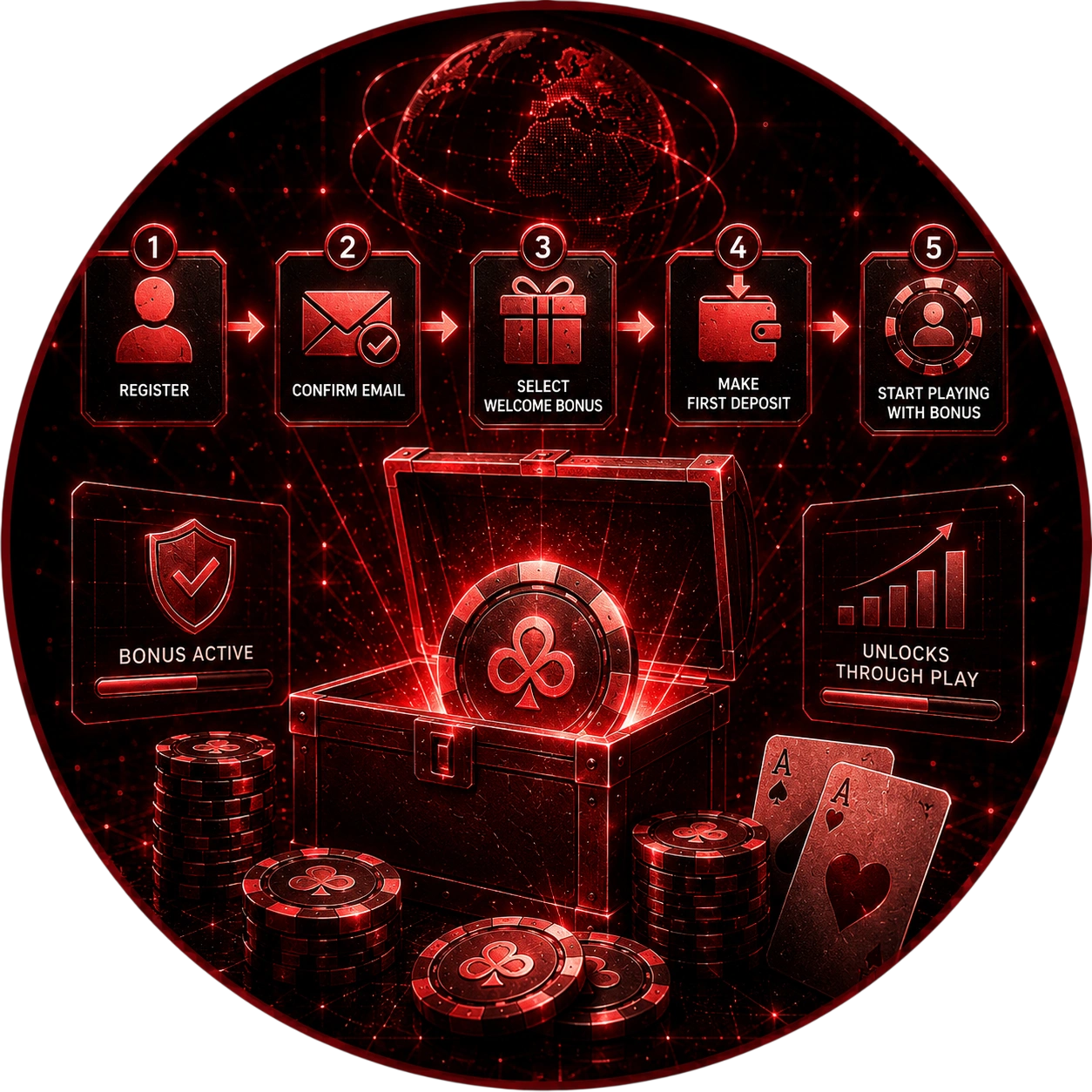 CoinPoker five-step bonus flow from register to active bonus